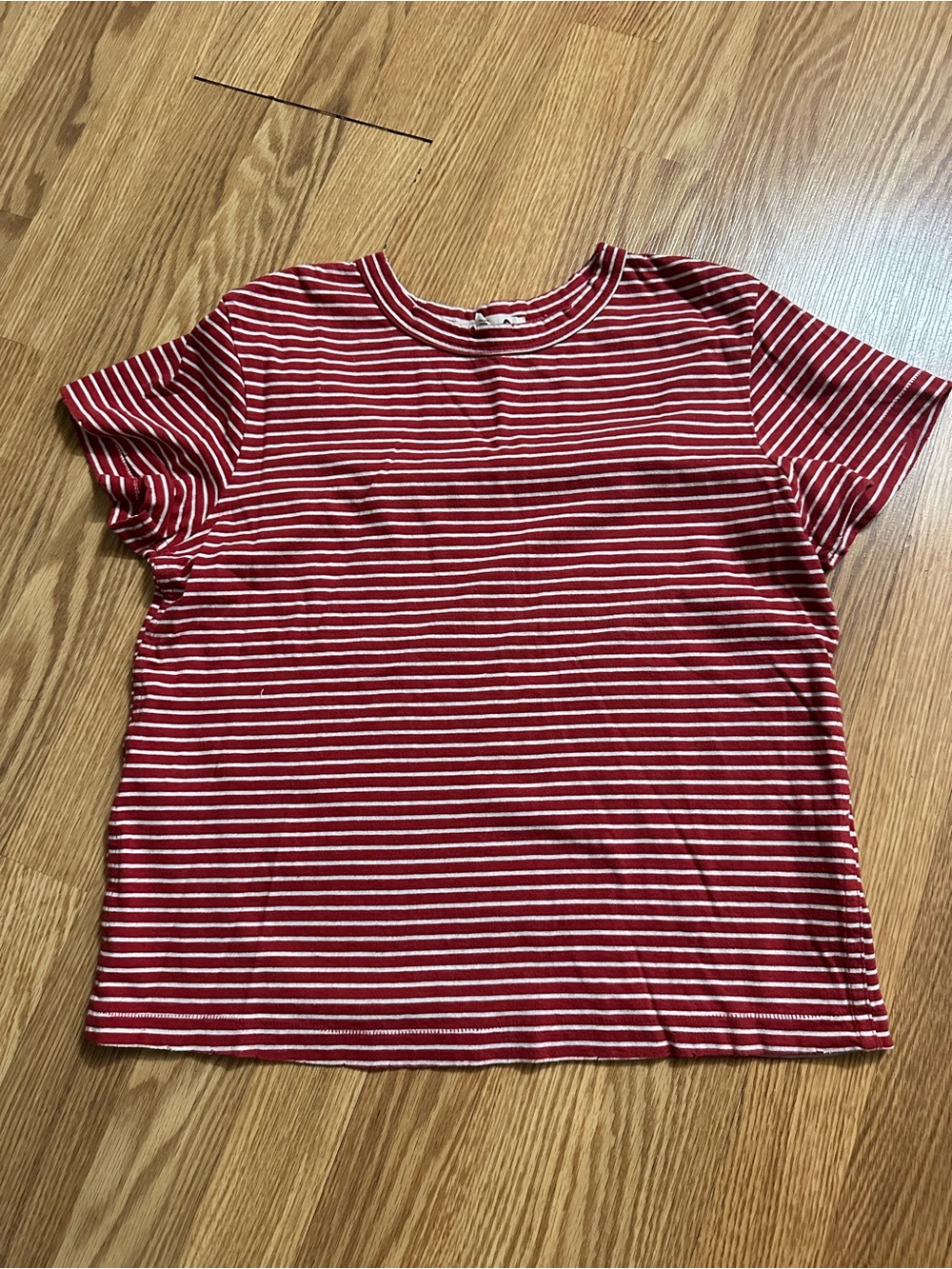 AMO Red and White Striped Crew Neck Tee
